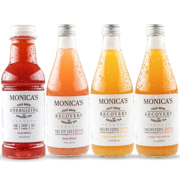 Monica’s Cold Brew All Organic Tea - Variety Pack - 6 Bottles (2 Energy Berry, 2 Recovery Berry, 1 Recovery Pomegranate, 1 Recovery Pineapple Guava) - Healthy Energy Drink to Support Your Active Lifestyle, Made with Organic Ingredients