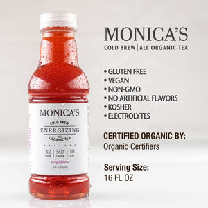 Monica’s Cold Brew All Organic Tea - Energizing - Berry Hibiscus - 16 oz Bottles (Pack of 6) - 50mg Caffeine, Healthy Energy Drink to Support Your Active Lifestyle, Made with Organic, Vegan, Kosher and Non-GMO Ingredients