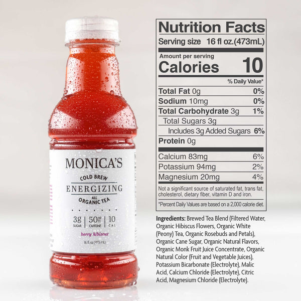 Monica’s Cold Brew All Organic Tea - Energizing - Berry Hibiscus - 16 oz Bottles (Pack of 6) - 50mg Caffeine, Healthy Energy Drink to Support Your Active Lifestyle, Made with Organic, Vegan, Kosher and Non-GMO Ingredients